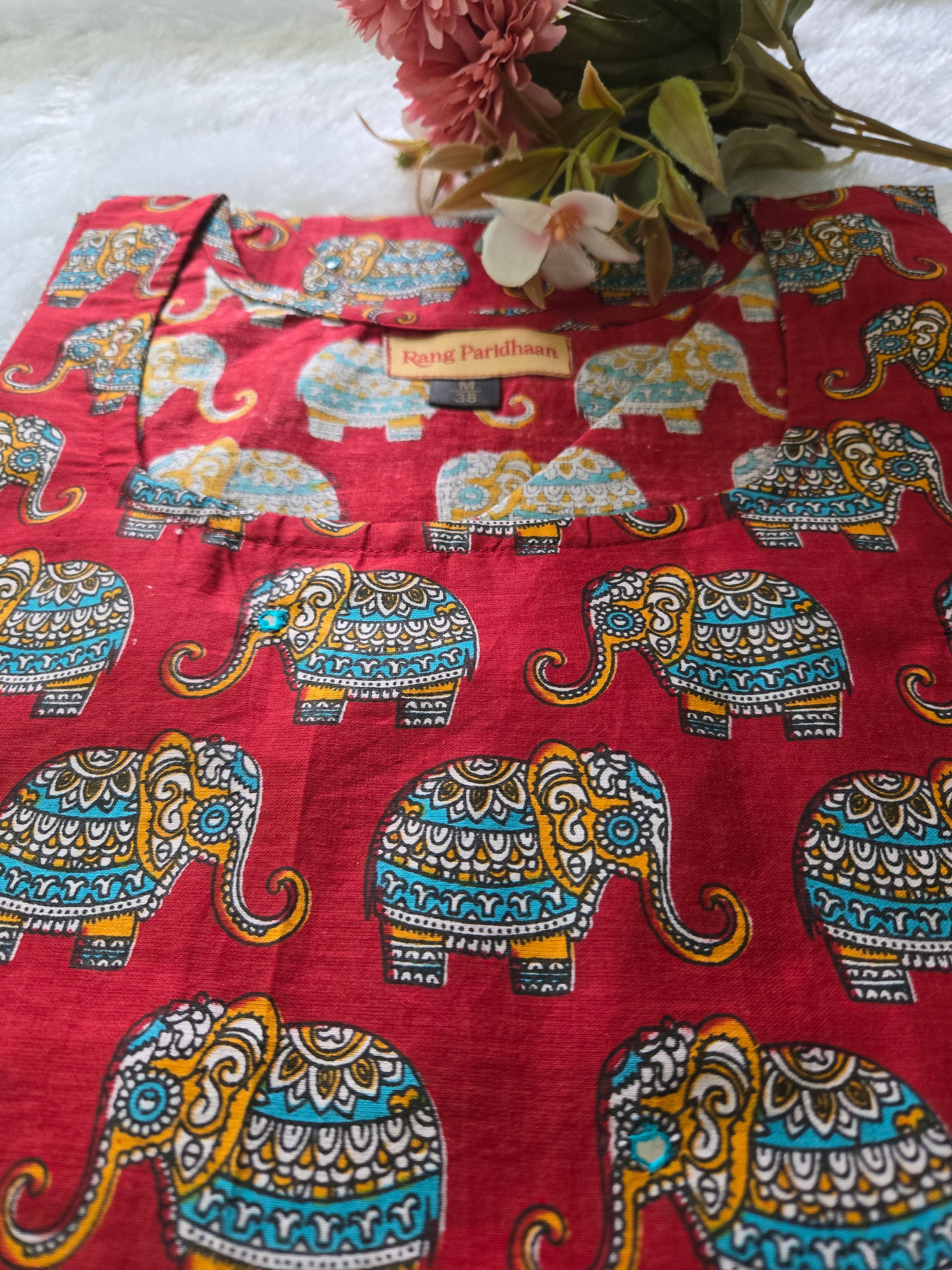 Gajraj Pure Cotton Elephant Print Straight Kurti for Women| Half Sleeves | Office & Casual Wear