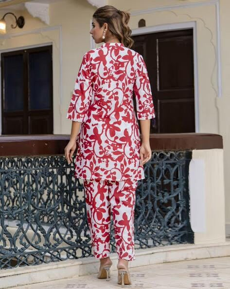 Riti cotton blend white and red printed Co-ord set