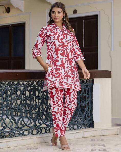 Riti cotton blend white and red printed Co-ord set