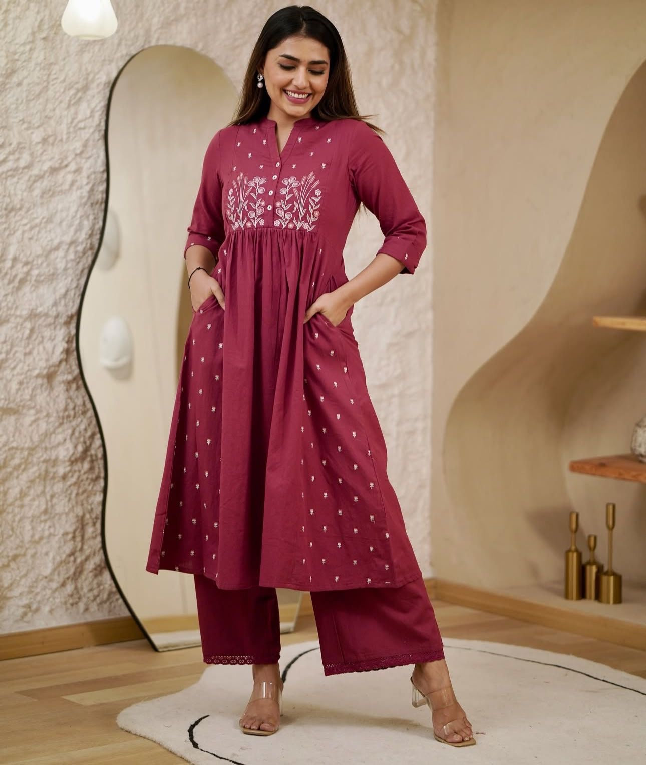 Shria Pure Cotton Maroon Kurti Palazzo set