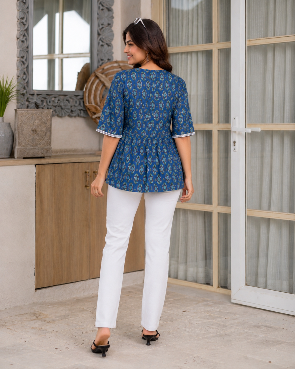 Adira Pure Cotton Blue Short Kurti for Women | Jaipuri print kurti for Casual & Office wear