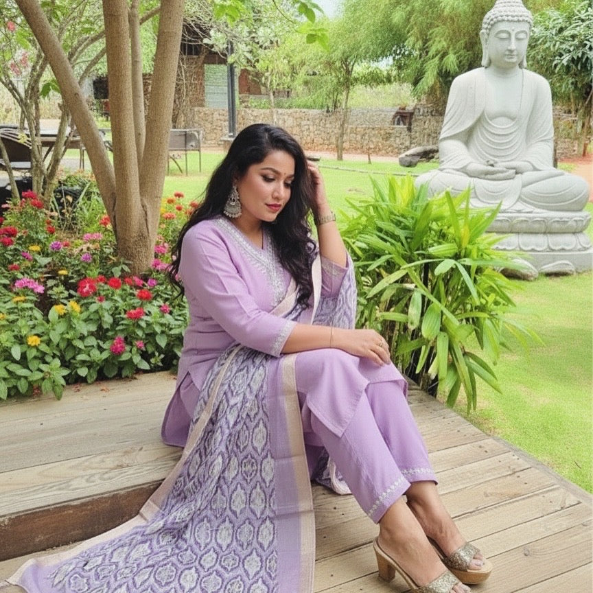 Kalaa Silk Blend Kurti Set with Sequin Bead Embroidered Neckline – Festive Ethnic Wear for Women