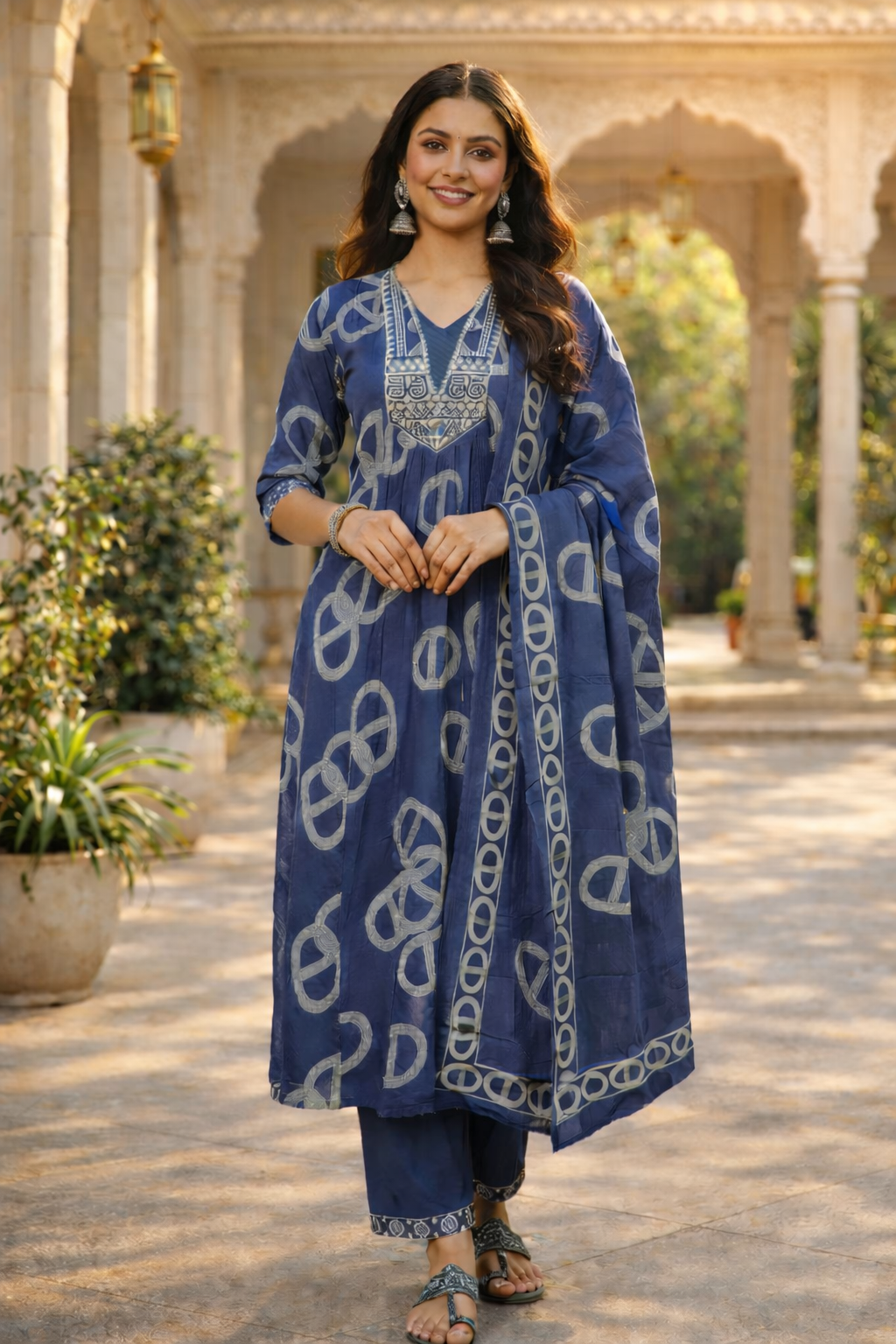 Vaidehi Premium cotton Kurti palazzo set in navy blue and mirror work neckline
