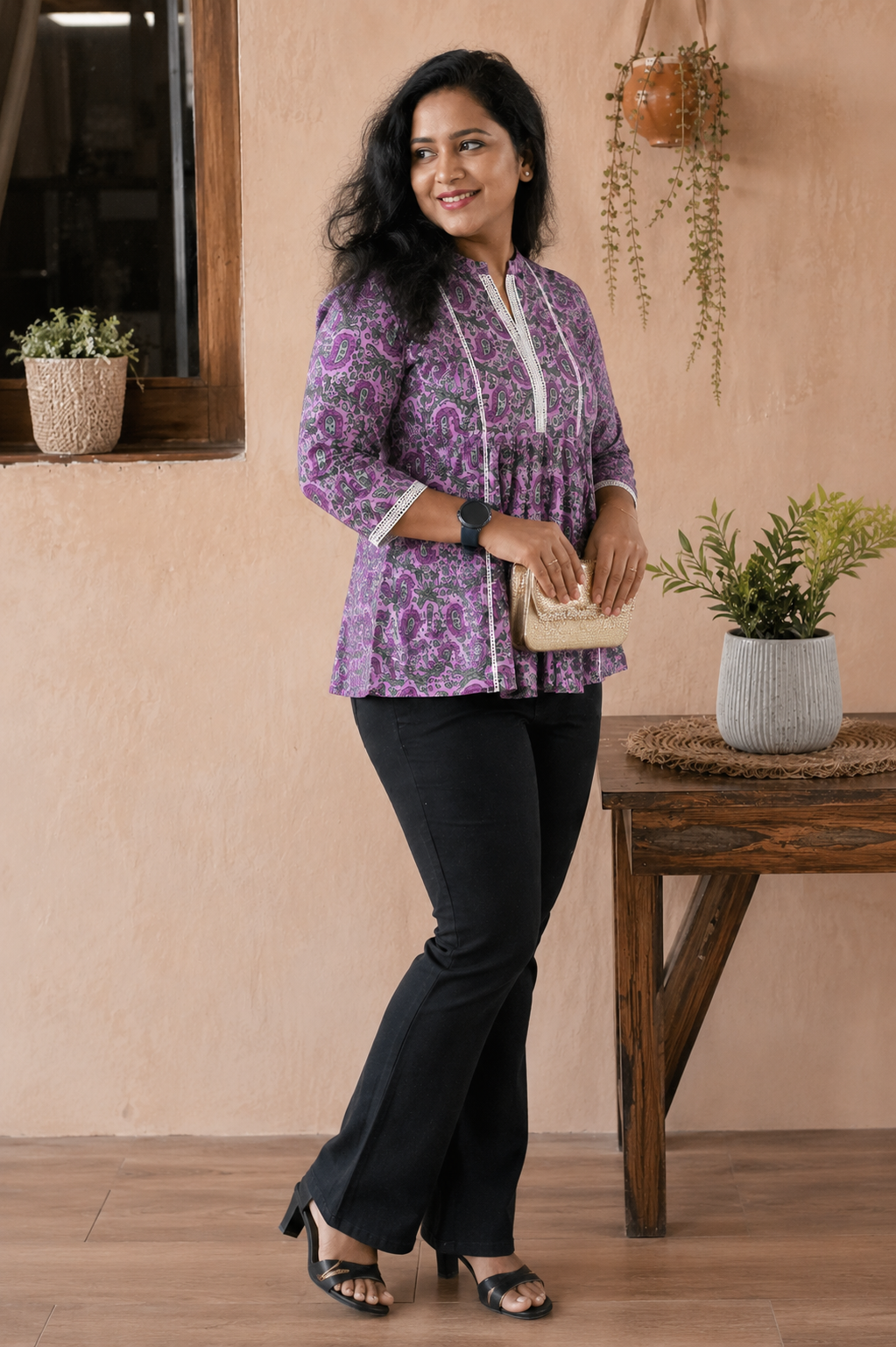 Kairi purple short kurti for women with lace detailing