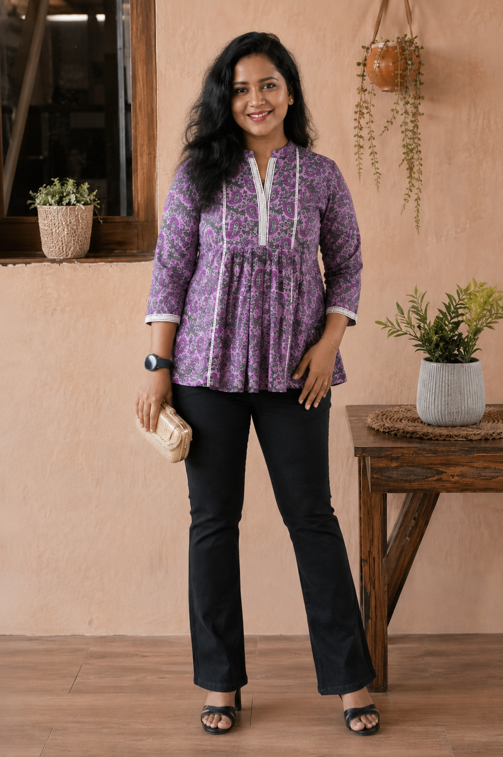 Kairi purple short kurti for women with lace detailing
