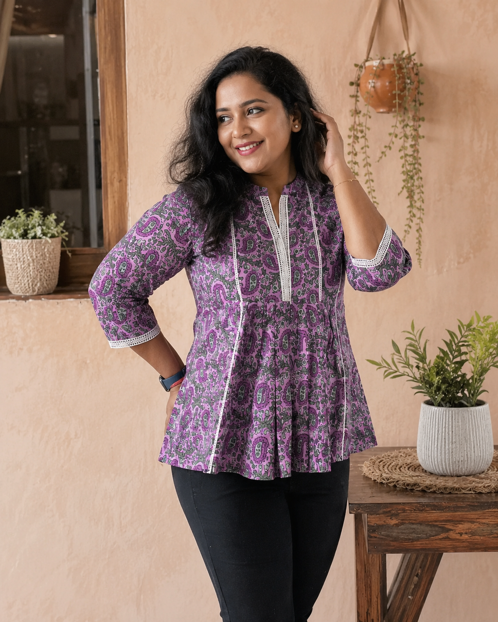 Kairi purple short kurti for women with lace detailing