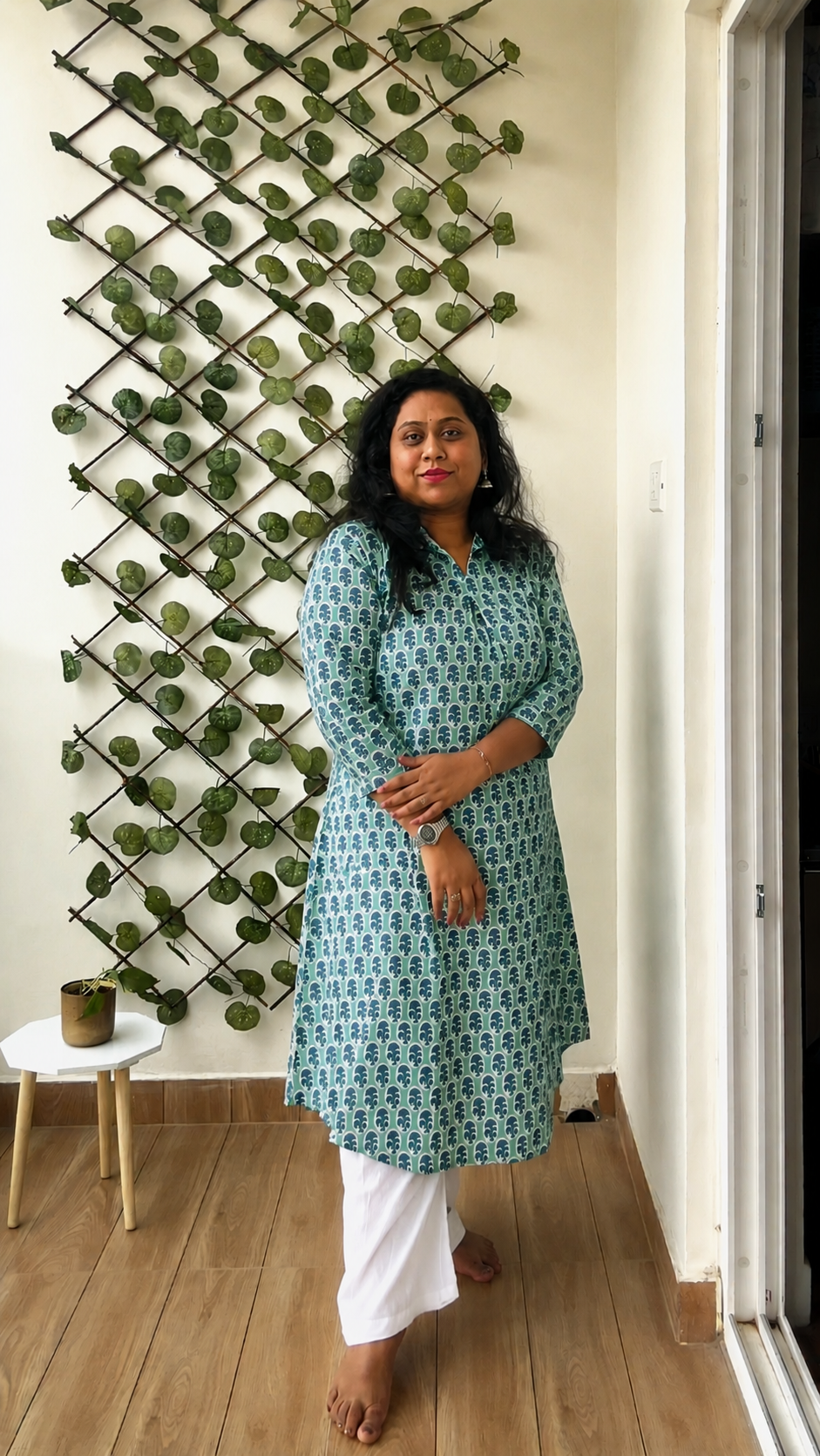 Meera – Sea Green Booti Print A-Line Kurta Palazzo Set in Pure Cotton for Women