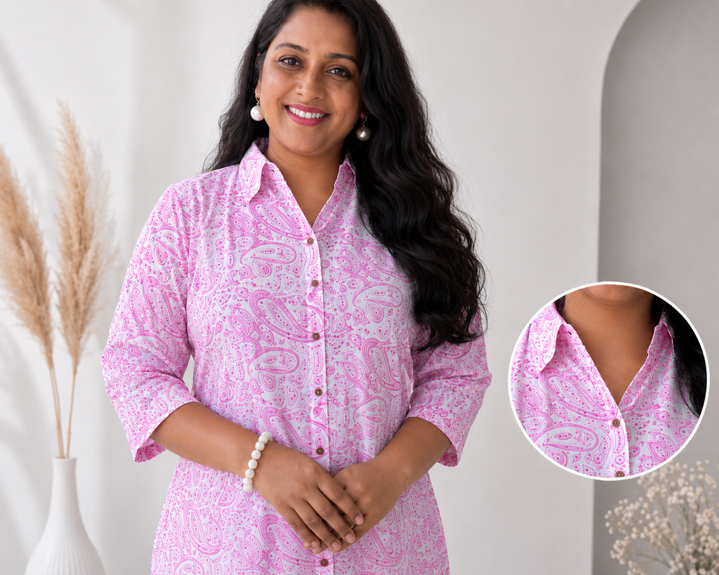 Twisha Women’s Pink Cotton Printed Straight Kurta & Palazzo Set | Collar Neck | 3/4 Sleeves | Daily Wear Co-ord Set