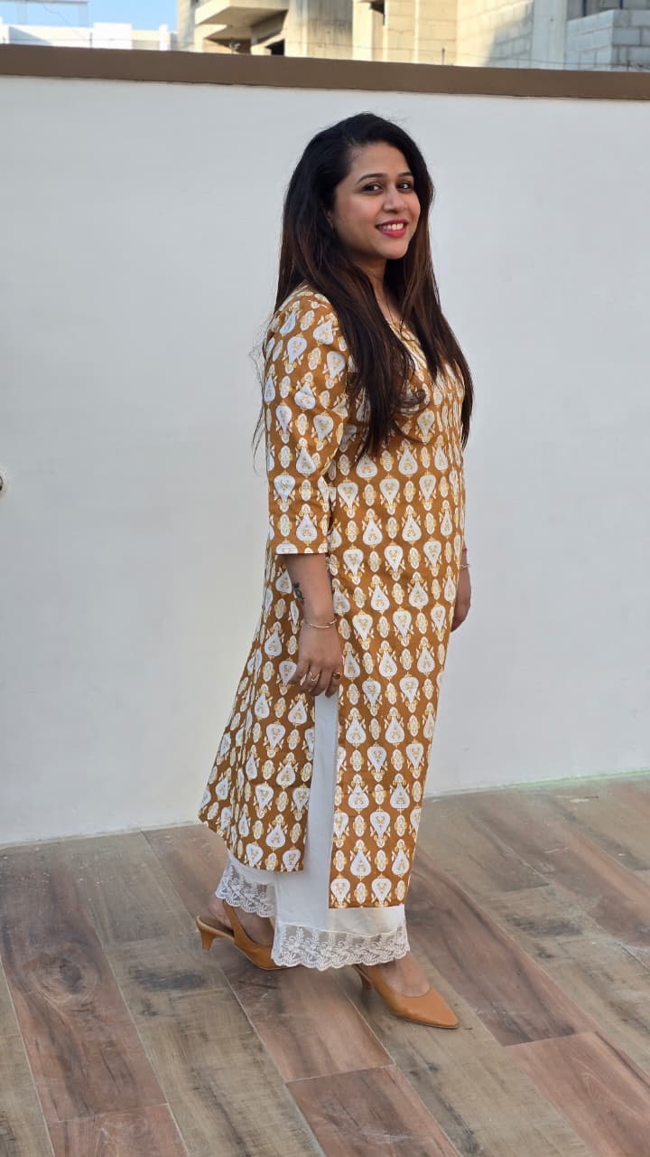 Shree Mustard Pure Cotton Pintuck A-Line Kurta