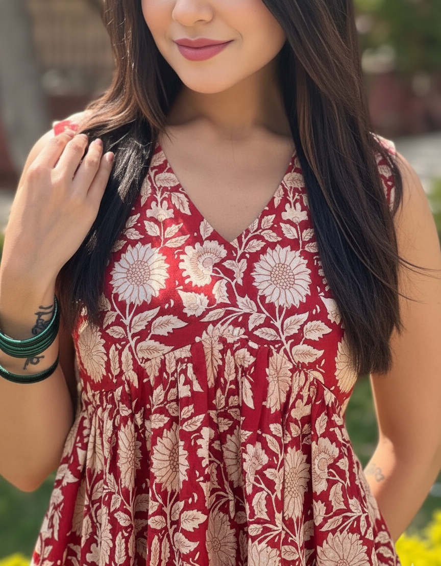 Nivara Printed Sleeveless Alia Cut Short Kurti