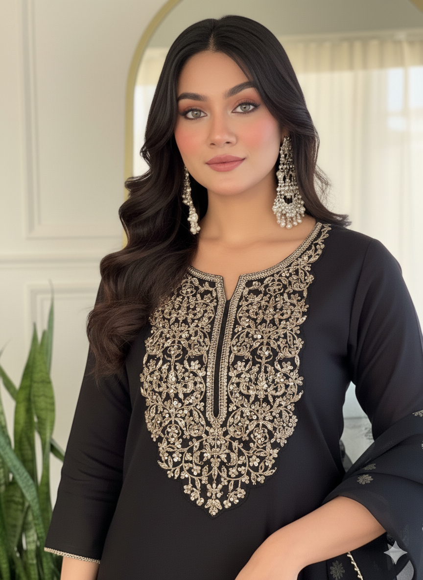 Zarwa Black Embroidered Kurti Set