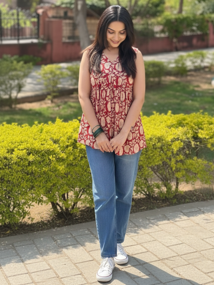 Nivara Printed Sleeveless Alia Cut Short Kurti