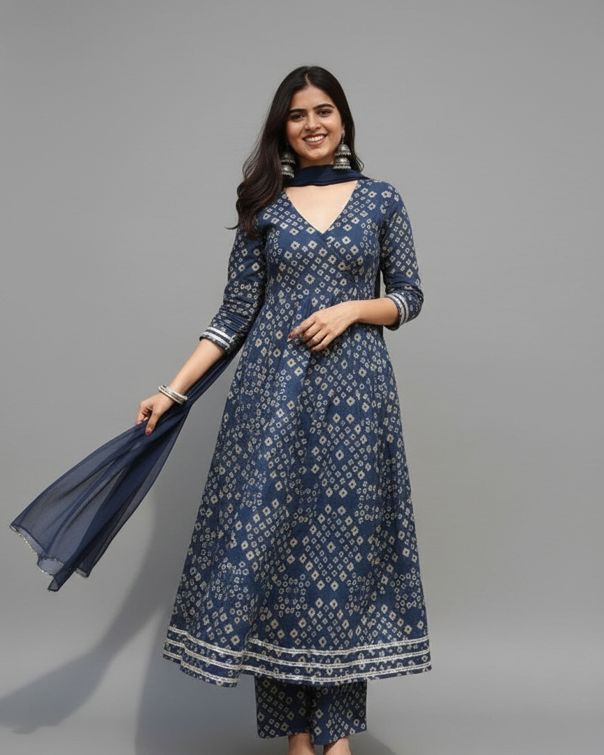 Dhani Bandhani Print Blue Anarkali Suit Set