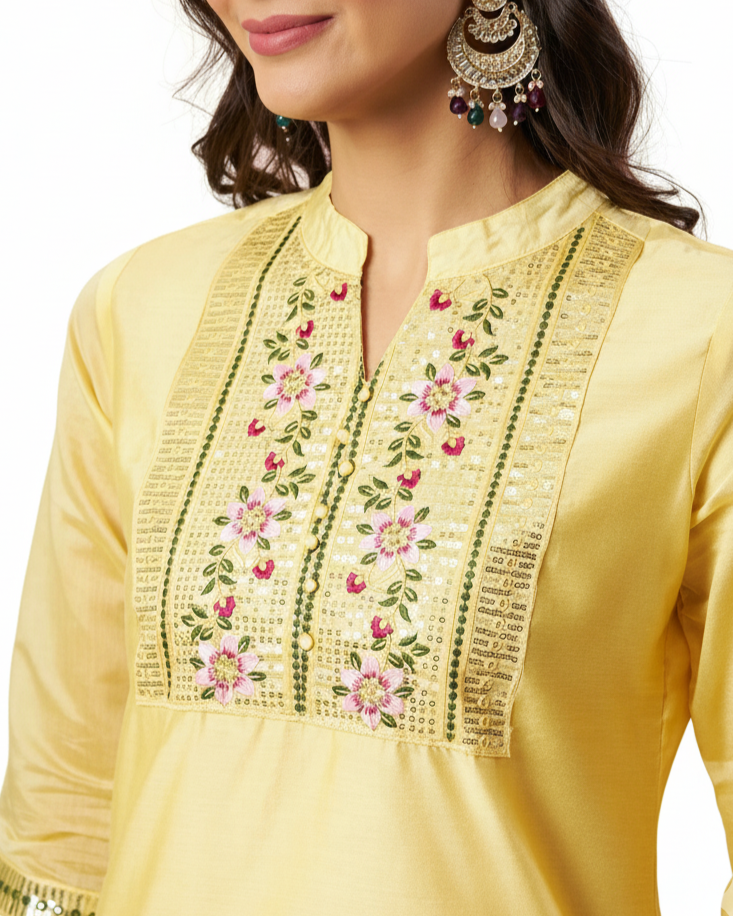 Aarohi Yellow Chanderi Embroidered Kurti Set