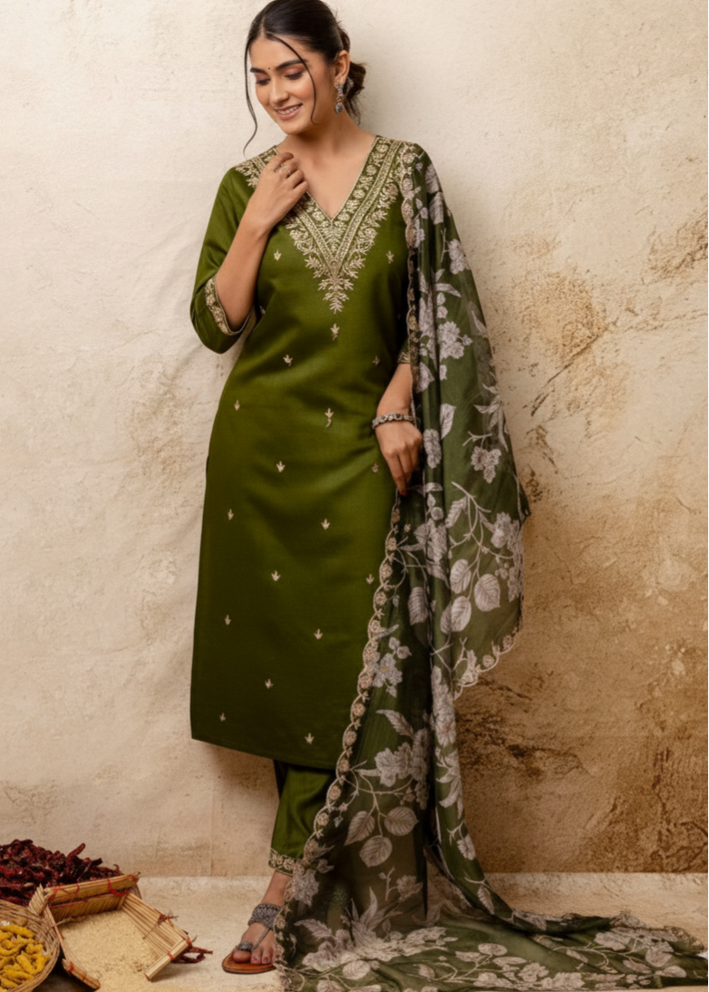 Avrisha Mehendi Green Embroidered A-Line Kurti Set with Dupatta