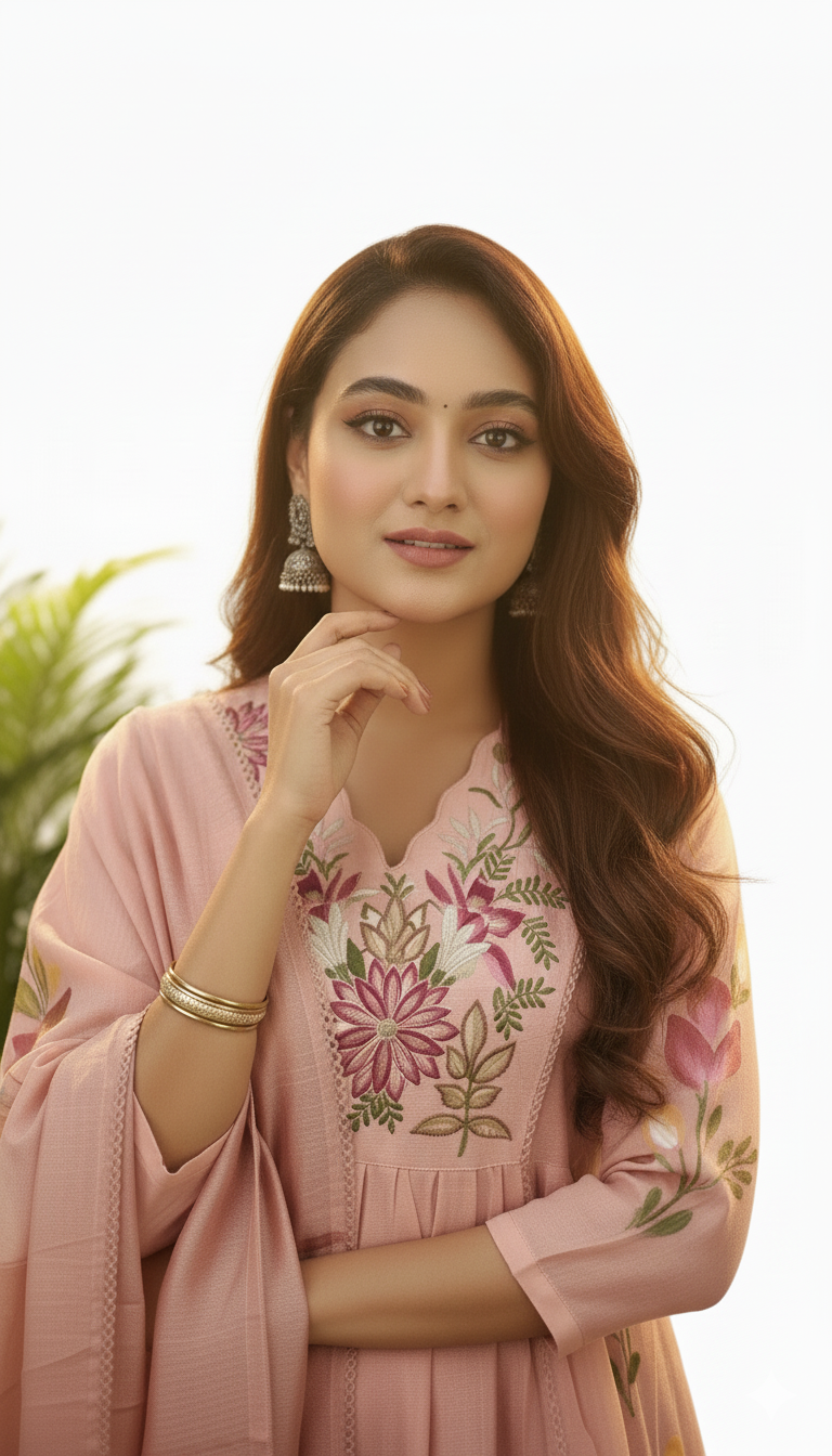 Pari Embroidered Mul Chanderi Pink Kurti Set