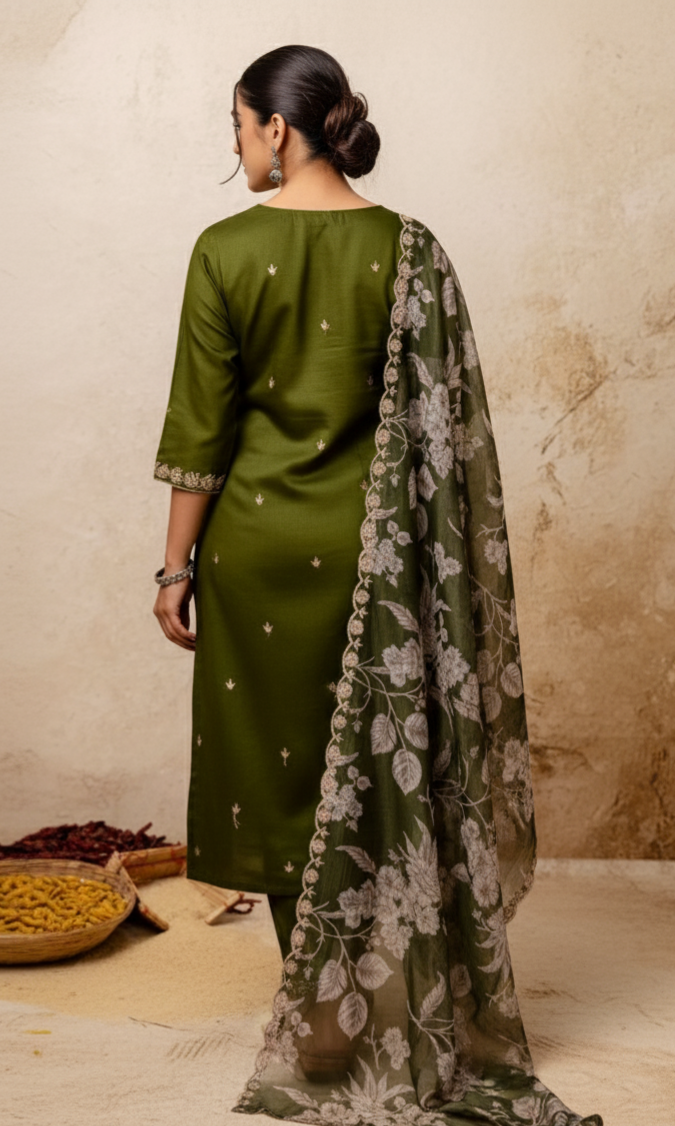 Avrisha Mehendi Green Embroidered A-Line Kurti Set with Dupatta