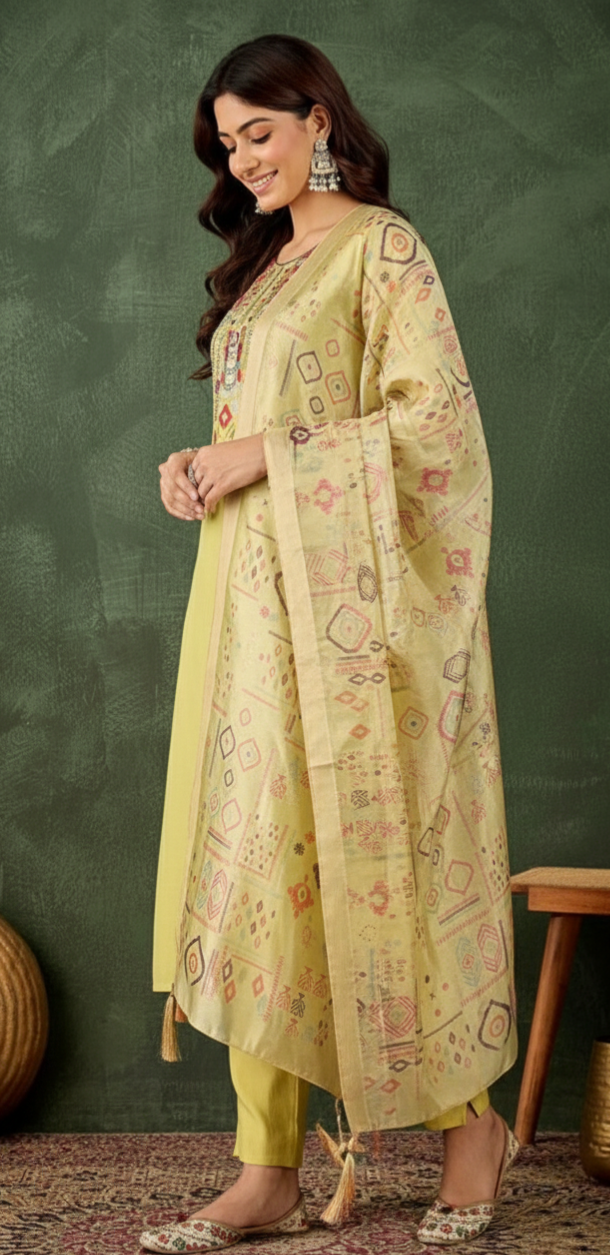 Jaya Light Yellow coloured Embroidered Kurti Set