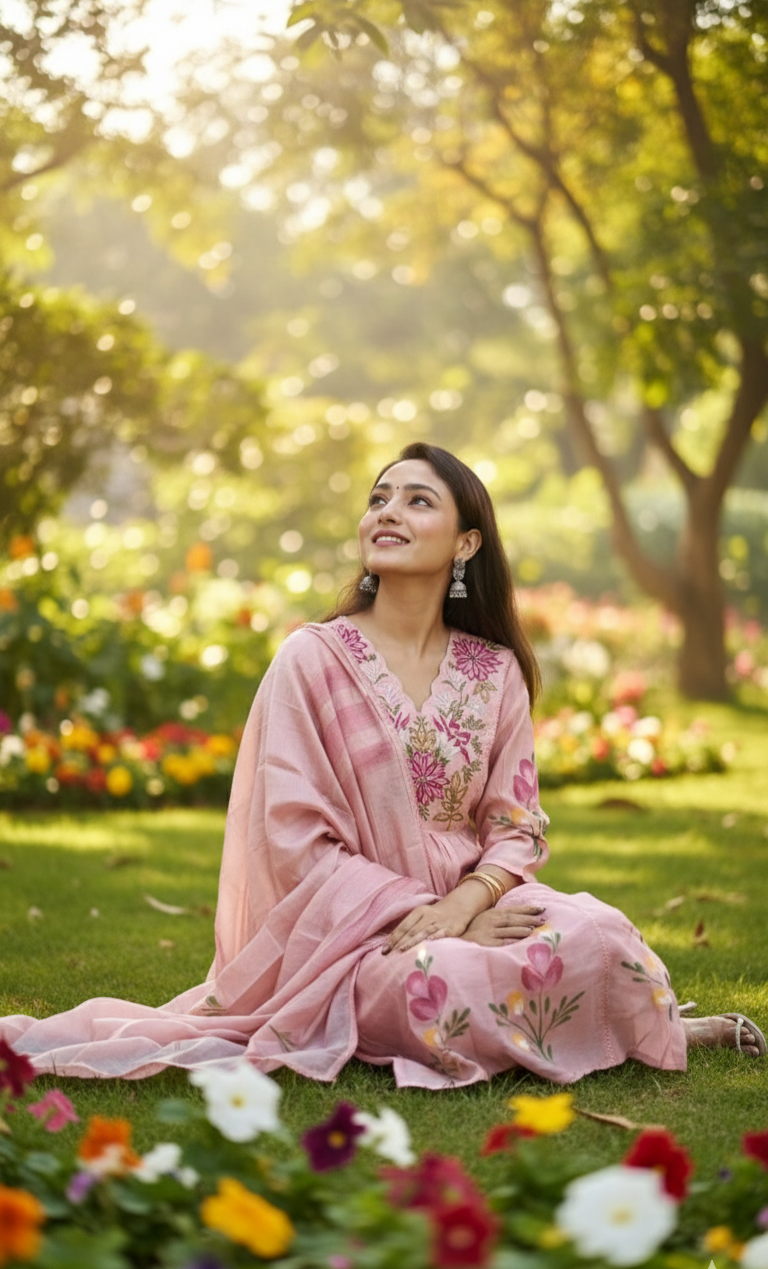 Pari Embroidered Mul Chanderi Pink Kurti Set
