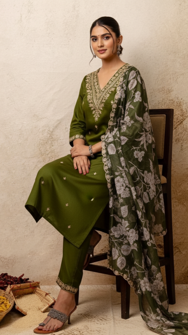 Avrisha Mehendi Green Embroidered A-Line Kurti Set with Dupatta