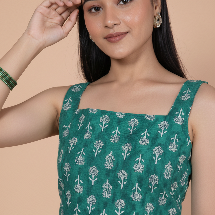 Sana Sleeveless Printed Sea Green Short Kurti