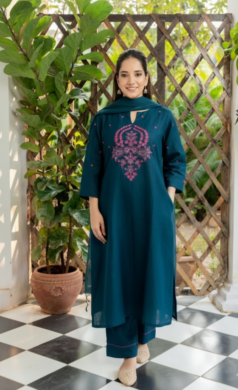 Priya Premium Cotton Kurti set with palazzo in Teal blue