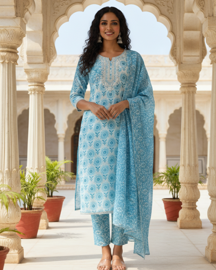 Taara Premium Cotton embroidered sky blue Kurti set