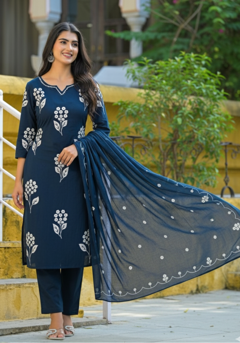 Suhani Premium 100% Cotton Kurti set with white floral print