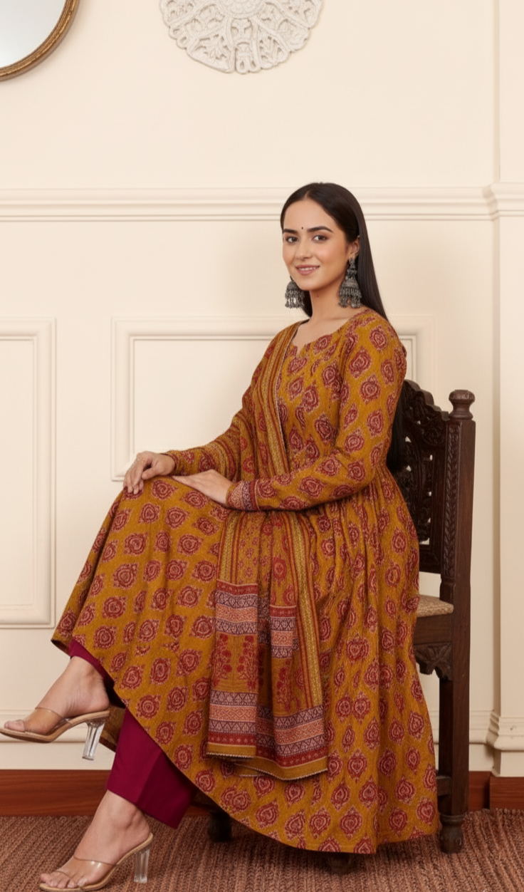 Pritha Traditional Jaipuri Print Anarkali Set in Mustard & Maroon with Dupatta
