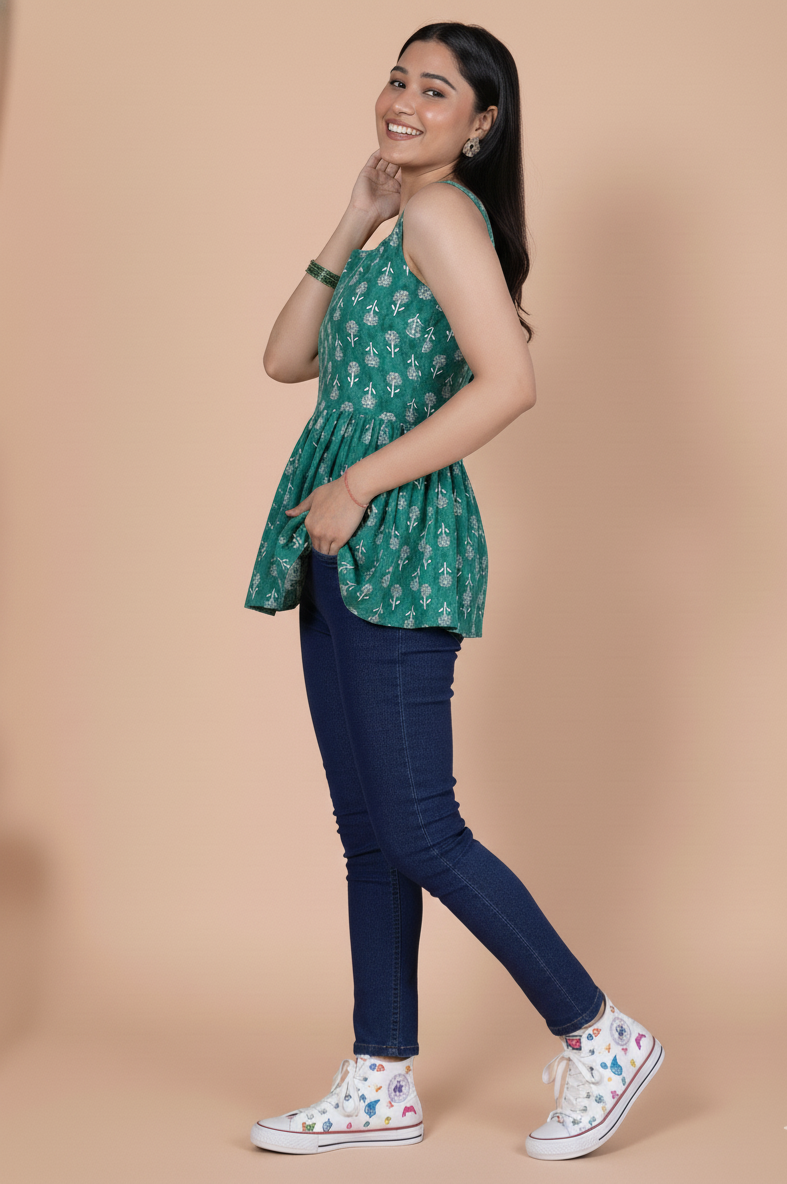 Sana Sleeveless Printed Sea Green Short Kurti