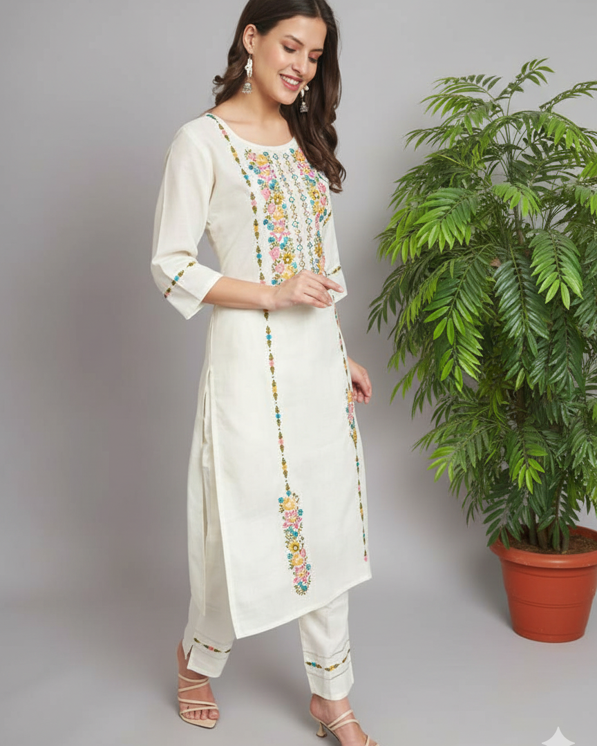 Saadgi White Cotton multi coloured embroidered Kurti set with tie dye dupatta