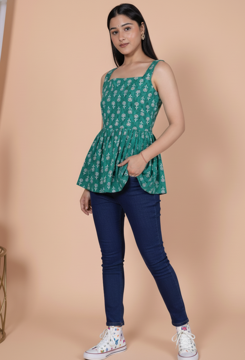 Sana Sleeveless Printed Sea Green Short Kurti