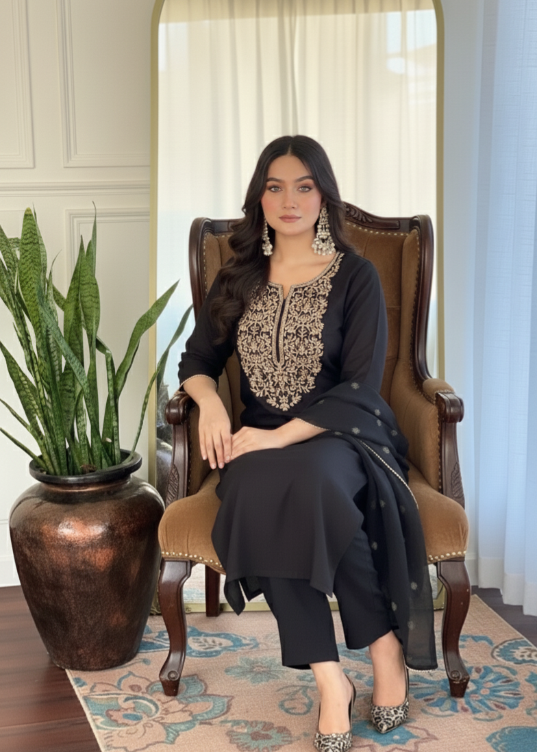 Zarwa Black Embroidered Kurti Set