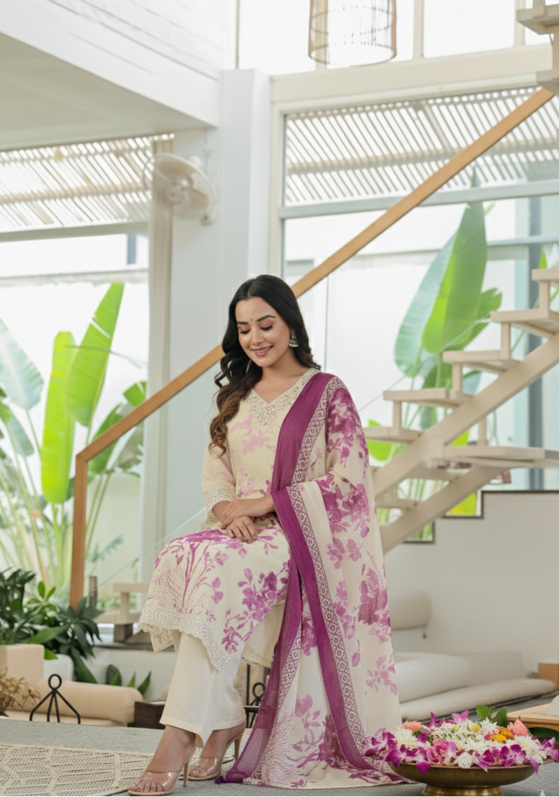 Saaj Cotton with floral print and crochet lace work Kurti set