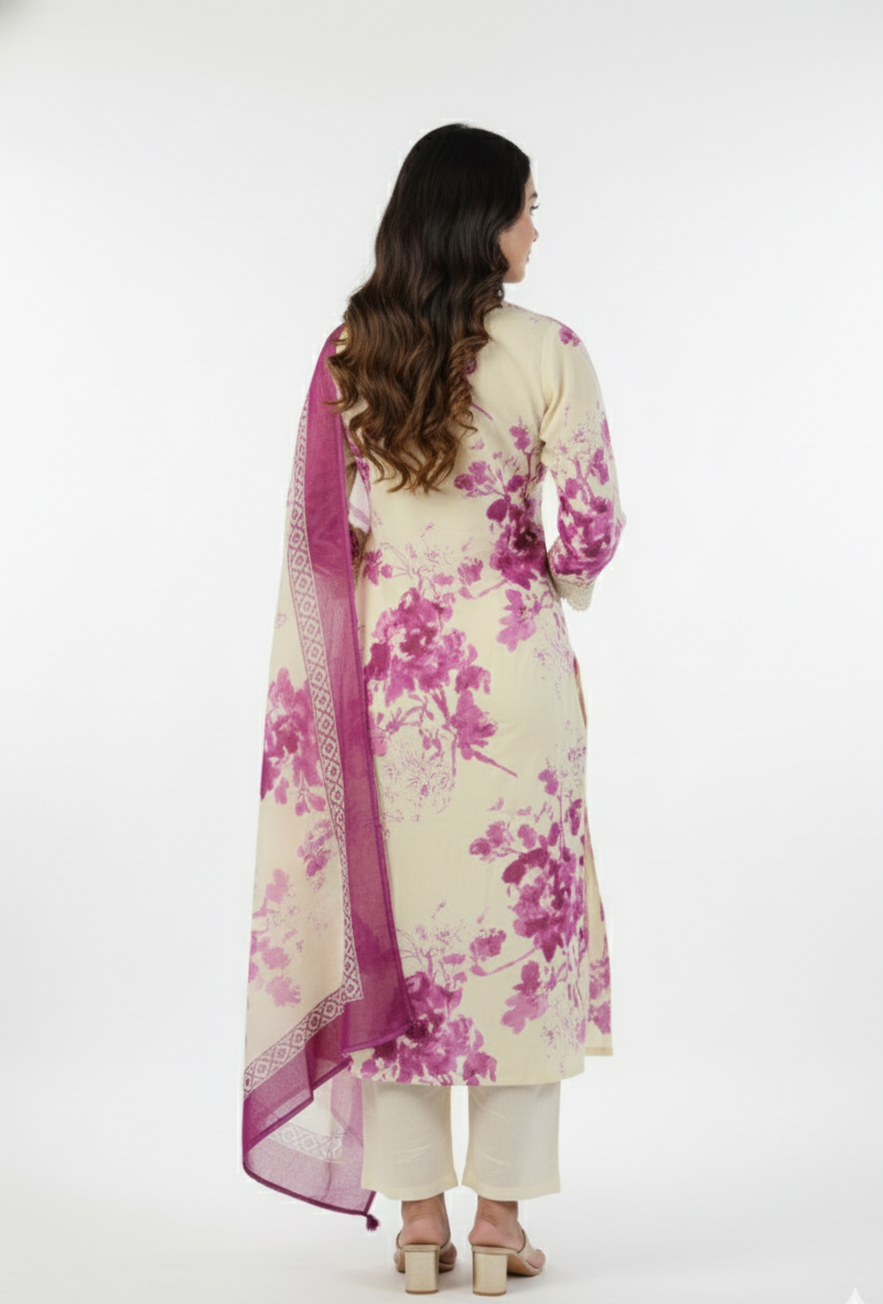 Saaj Cotton with floral print and crochet lace work Kurti set