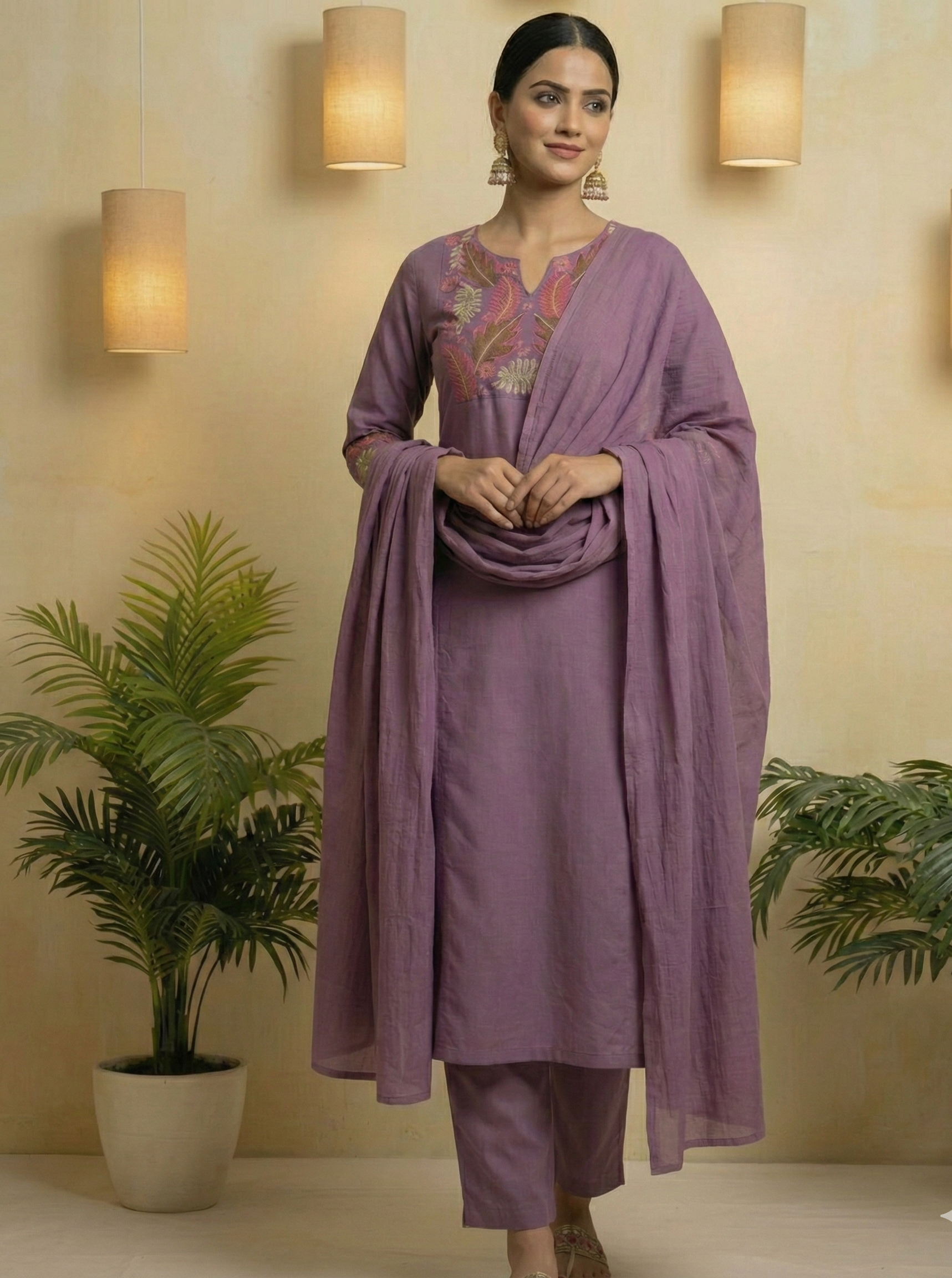 Mekha Premium Cotton embroidered Kurti set in Lavender