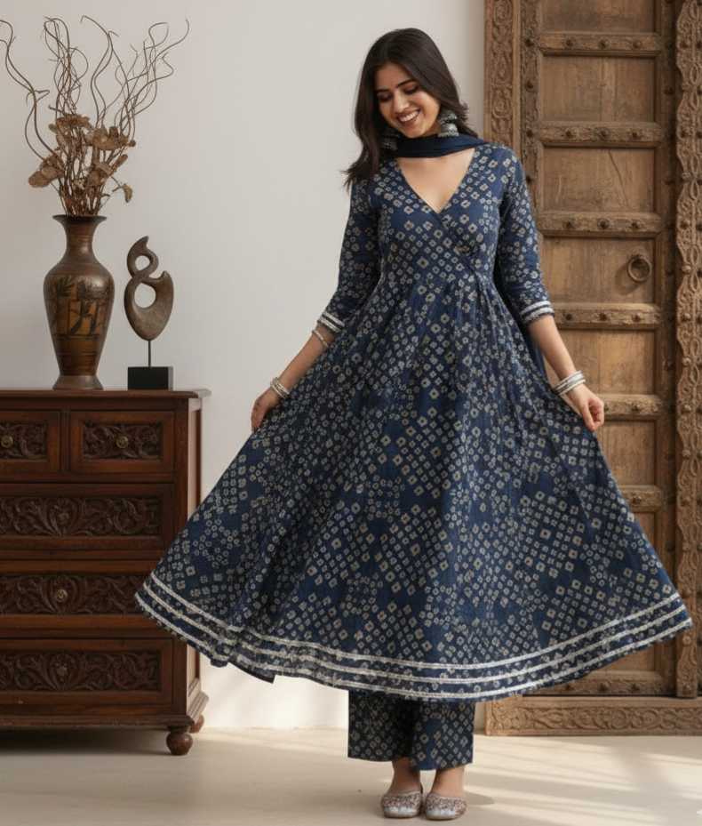 Dhani Bandhani Print Blue Anarkali Suit Set