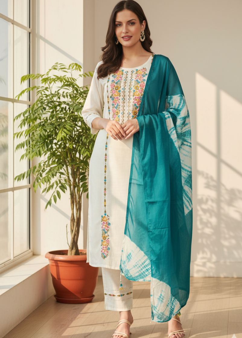Saadgi White Cotton multi coloured embroidered Kurti set with tie dye dupatta