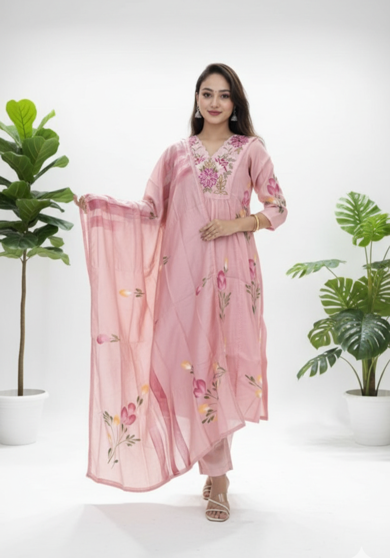 Pari Embroidered Mul Chanderi Pink Kurti Set