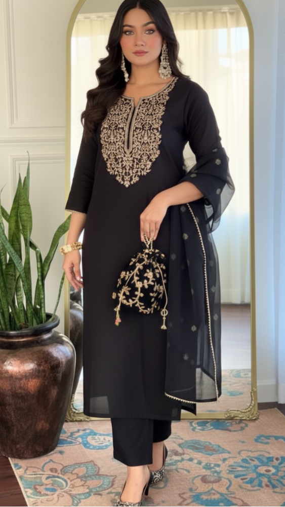 Zarwa Black Embroidered Kurti Set