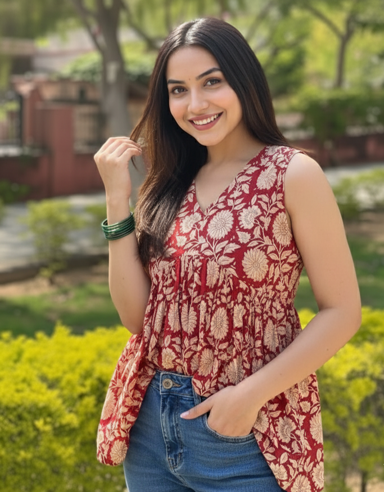 Nivara Printed Sleeveless Alia Cut Short Kurti