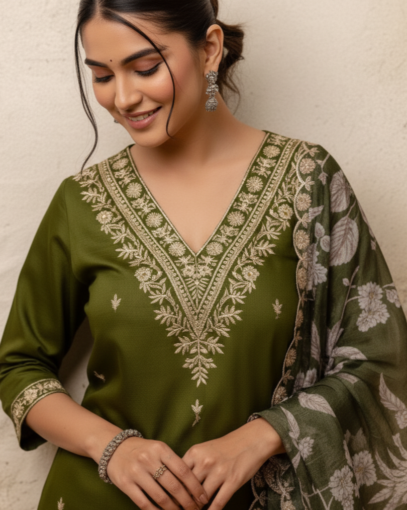 Avrisha Mehendi Green Embroidered A-Line Kurti Set with Dupatta
