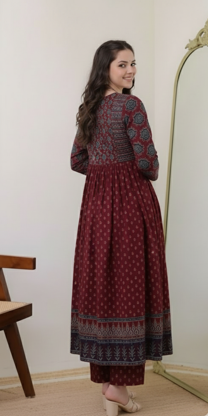 Nimisha Printed Red Anarkali Kurti Set