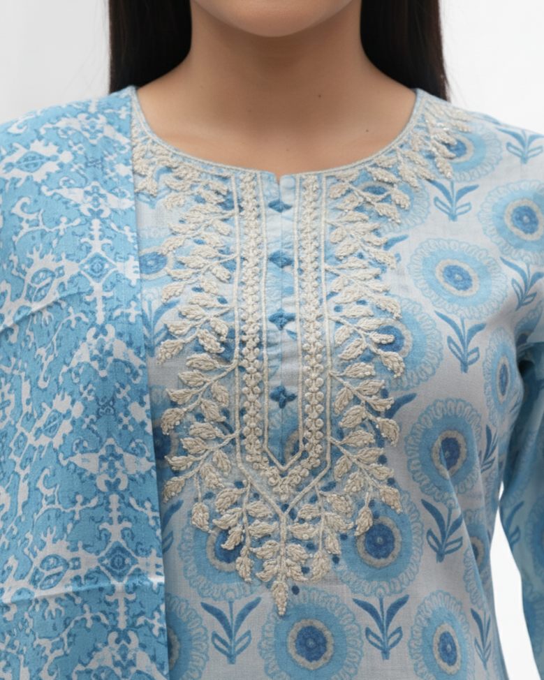 Taara Premium Cotton embroidered sky blue Kurti set