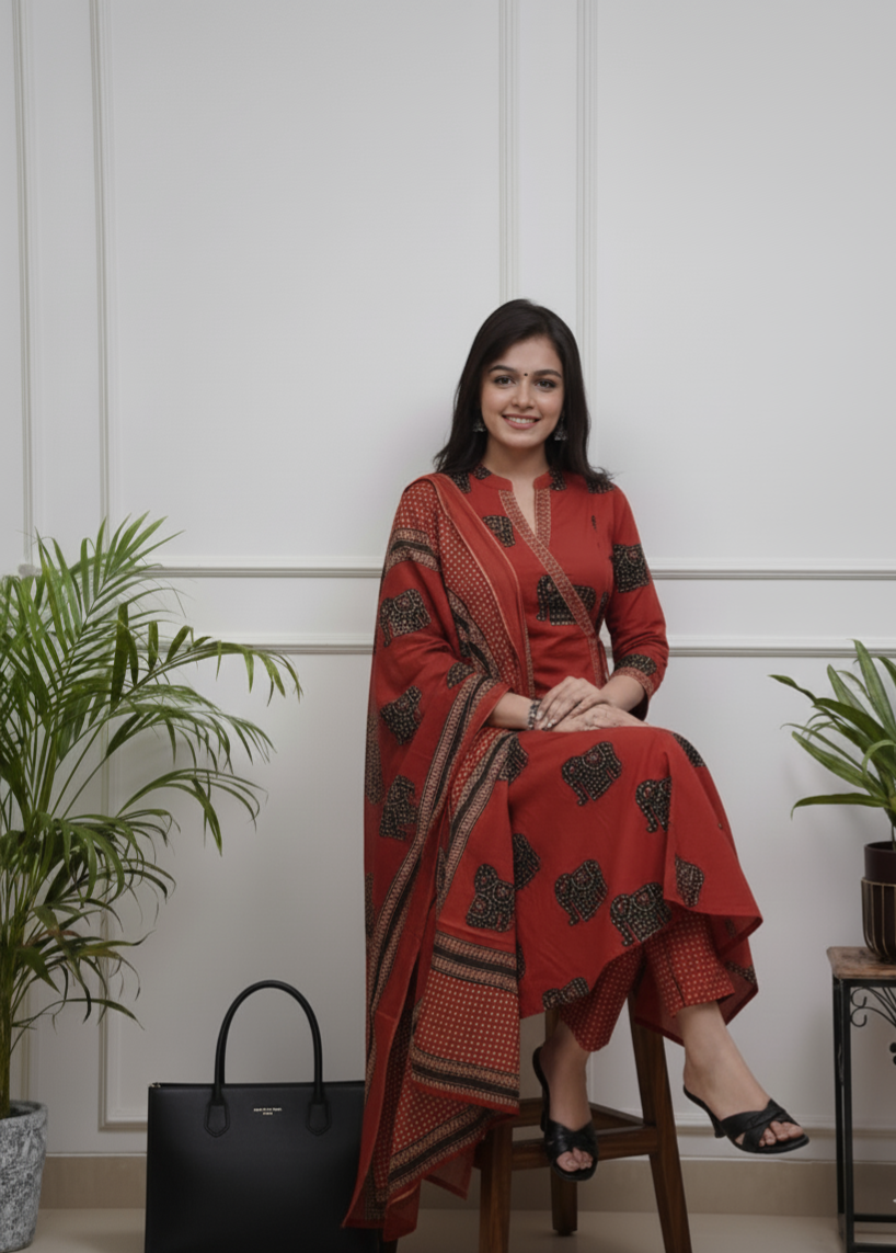 Anokhi Stylish Angrakha style straight cut kurti set with elephant block print