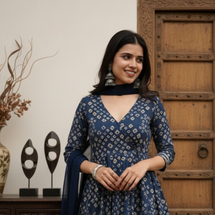 Dhani Bandhani Print Blue Anarkali Suit Set
