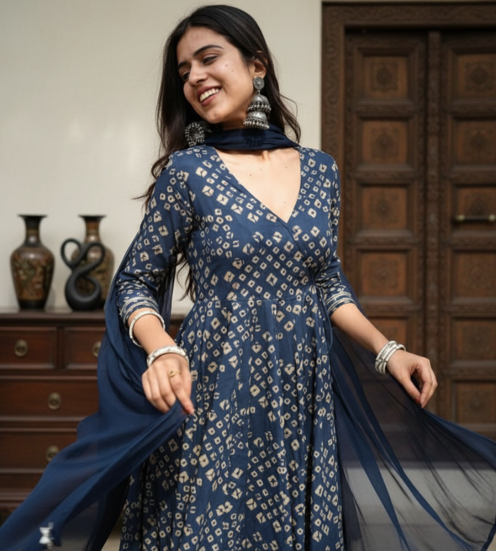 Dhani Bandhani Print Blue Anarkali Suit Set