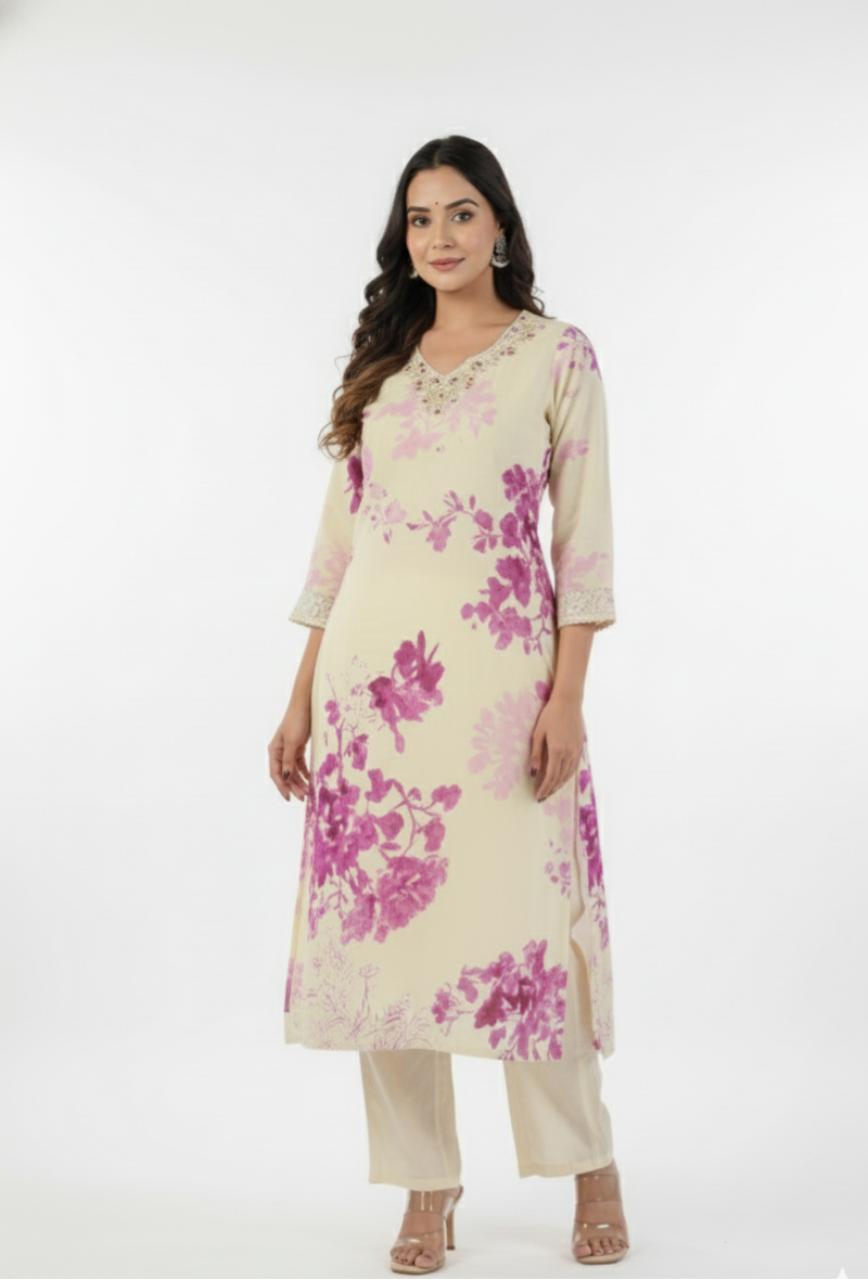 Saaj Cotton with floral print and crochet lace work Kurti set