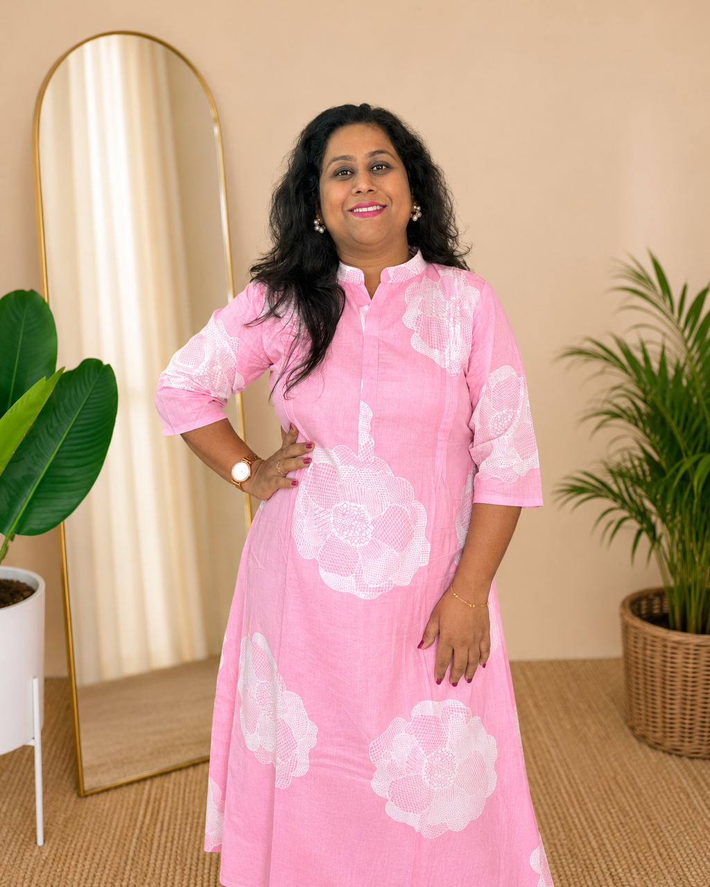 Swati – Pink Floral Cotton Kurta Palazzo Set with Lining for Women