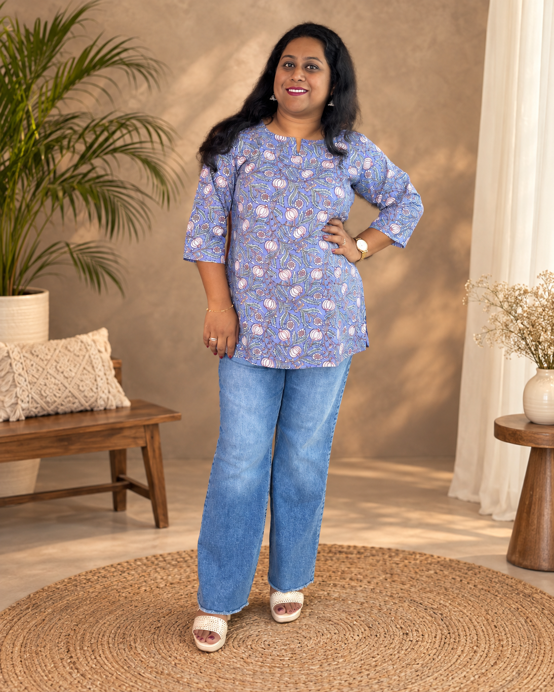 Gulnaar Lavender Floral Cotton Short Kurti for Women | Printed Casual & Everyday Wear